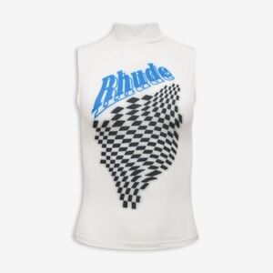 Rhude White Top with Black Checkered Design and Blue Logo